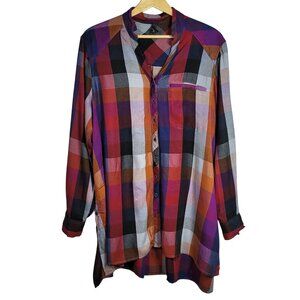 Melissa McCarthy Seven7 Button Tunic Top Purple Multicolor 1X Long Sleeve Plaid